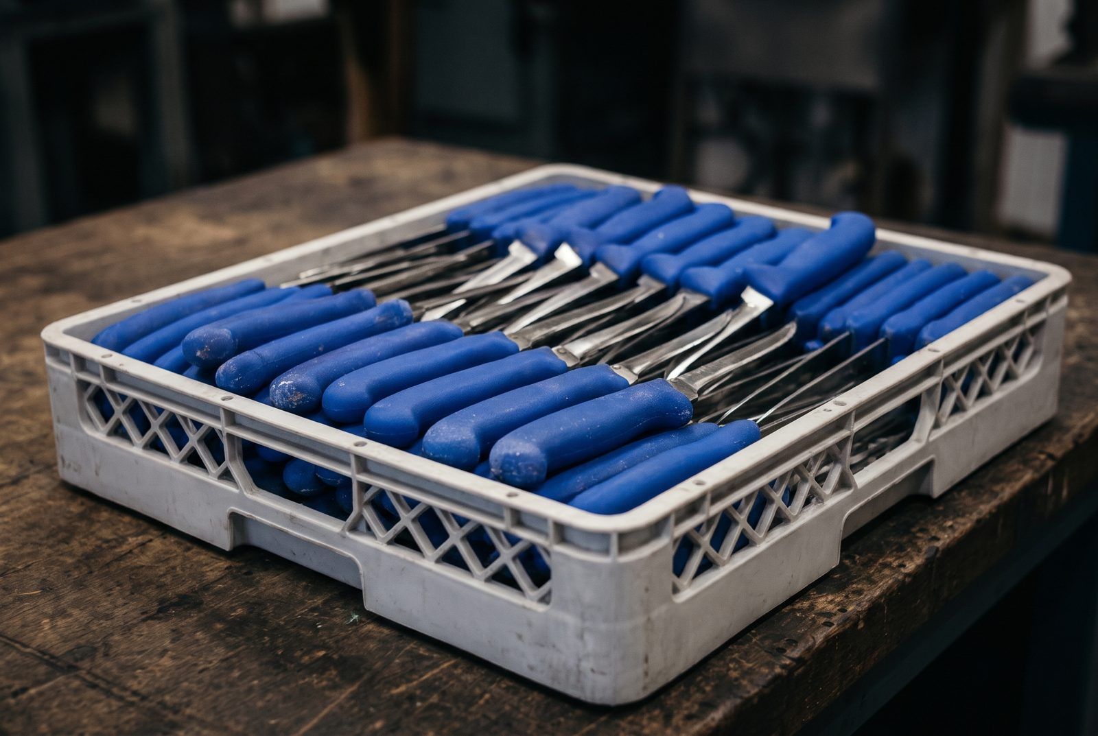 Een krat vol geslepen slagersmessen met blauwe grepen
