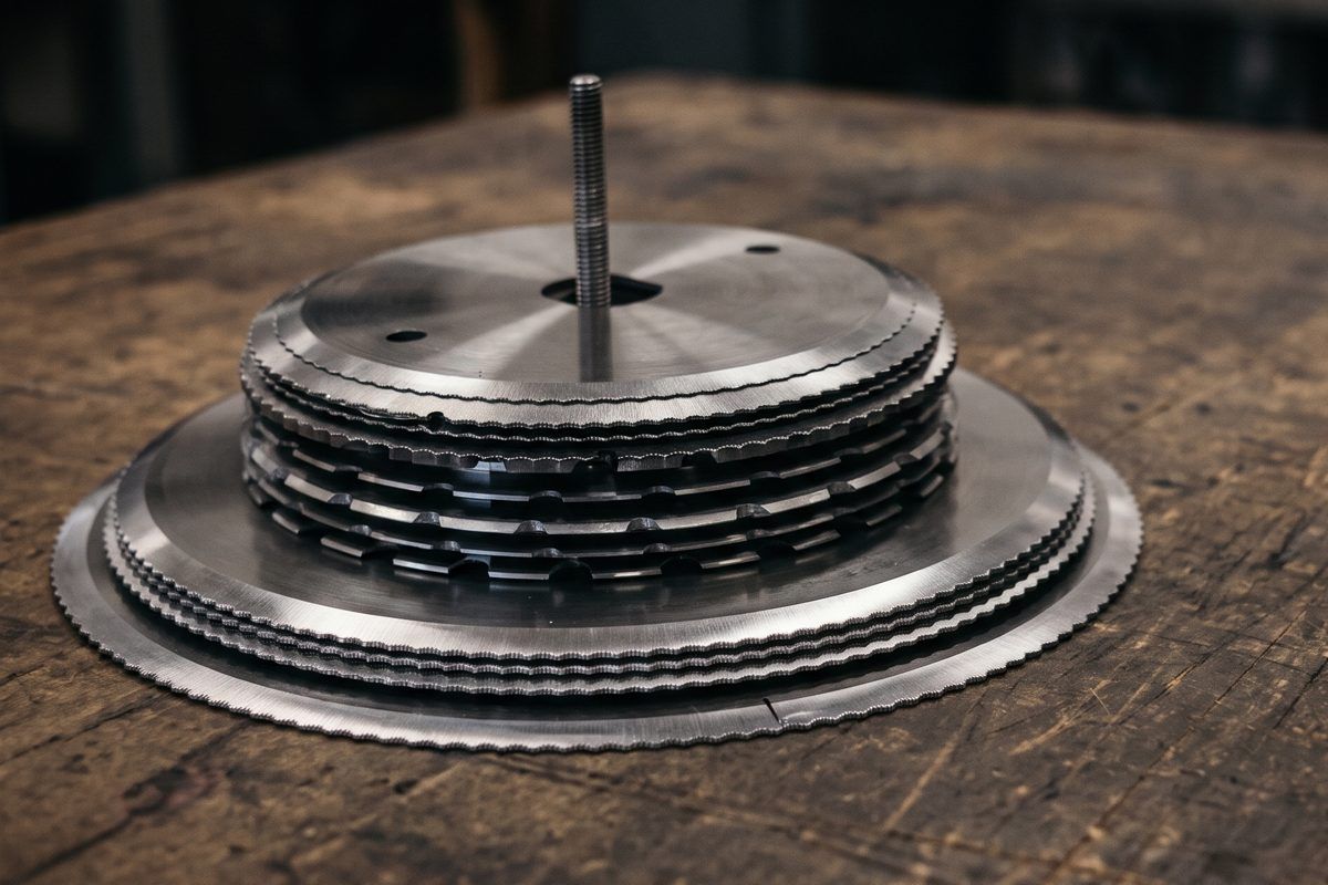Een stapel geslepen ronde machinemessen op de werkbank